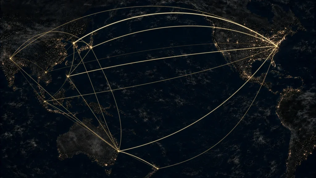 A world map with illuminated connections linking economic centers across the Indo-Pacific and beyond