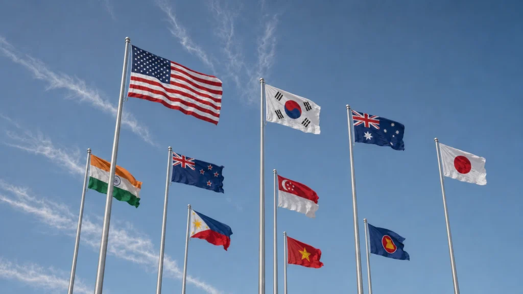 Flags of the United States and Indo-Pacific partners against a blue sky