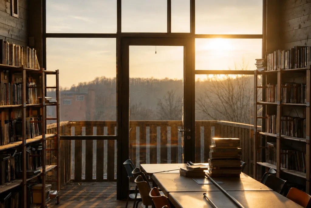 Sunlight entering a quiet library with bookshelves and a long reading table