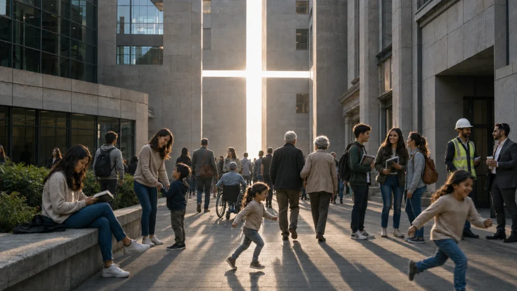 People of different ages and abilities gathered in a city plaza beneath cross-shaped light