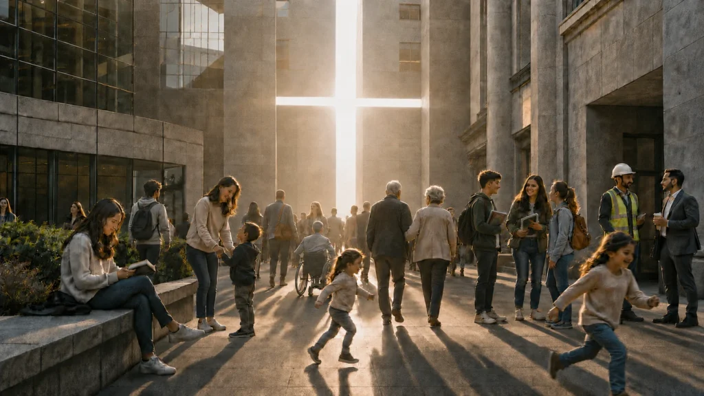 People of different ages and abilities gathered in a city plaza beneath cross-shaped light