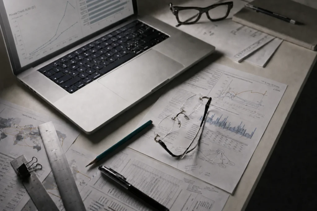 Laptop displaying financial charts beside analytical reports and eyeglasses on a research desk